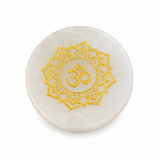 Selenite Round Plate – Golden Om Mandala