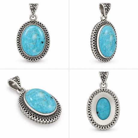 Natural Turquoise Stone Pendant – Silver Plated Vintage Finish
