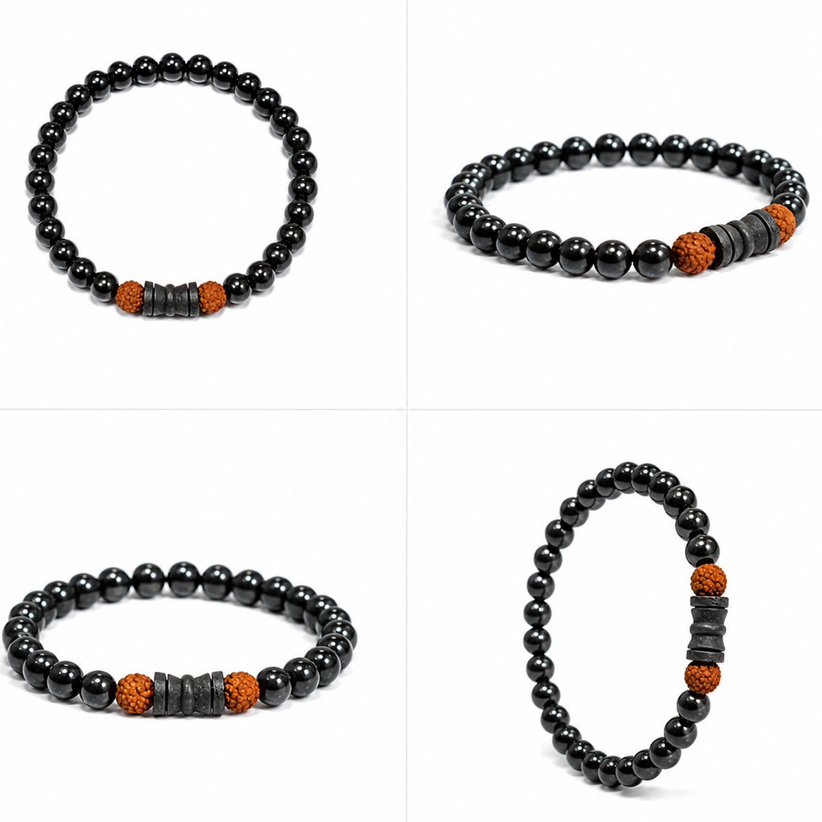 Natural Black Matte Karungali Wood Bracelet with Damru & Rudraksha Bead – 6 MM