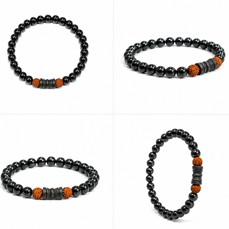 Natural Black Matte Karungali Wood Bracelet with Damru & Rudraksha Bead – 6 MM