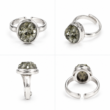 Raw Natural Pyrite Druzy Ring – Silver Finish