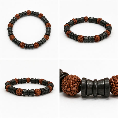 Natural Rudraksha with Black Damru Spacer Beads Bracelet – 8 MM