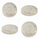 Selenite Round Plate – White Engraved Om Mandala