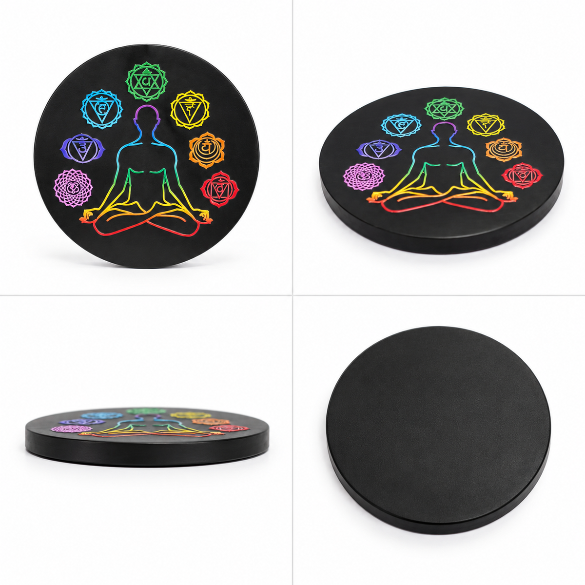 Black Tourmaline 7 Chakra Plate – Meditating Figure Round