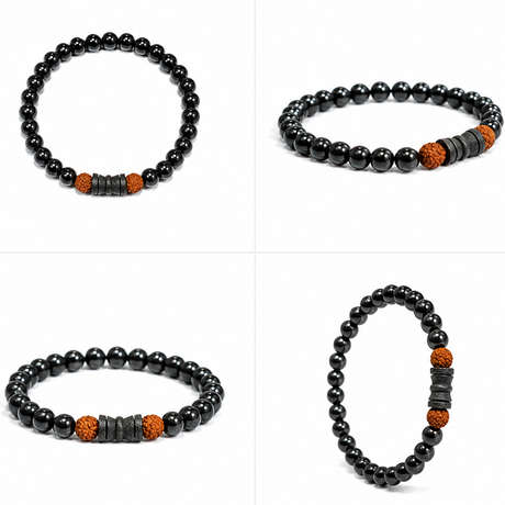 Natural Black Matte Karungali Wood Bracelet with Damru & Rudraksha Bead – 8 MM