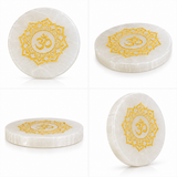 Selenite Round Plate – Golden Om Mandala
