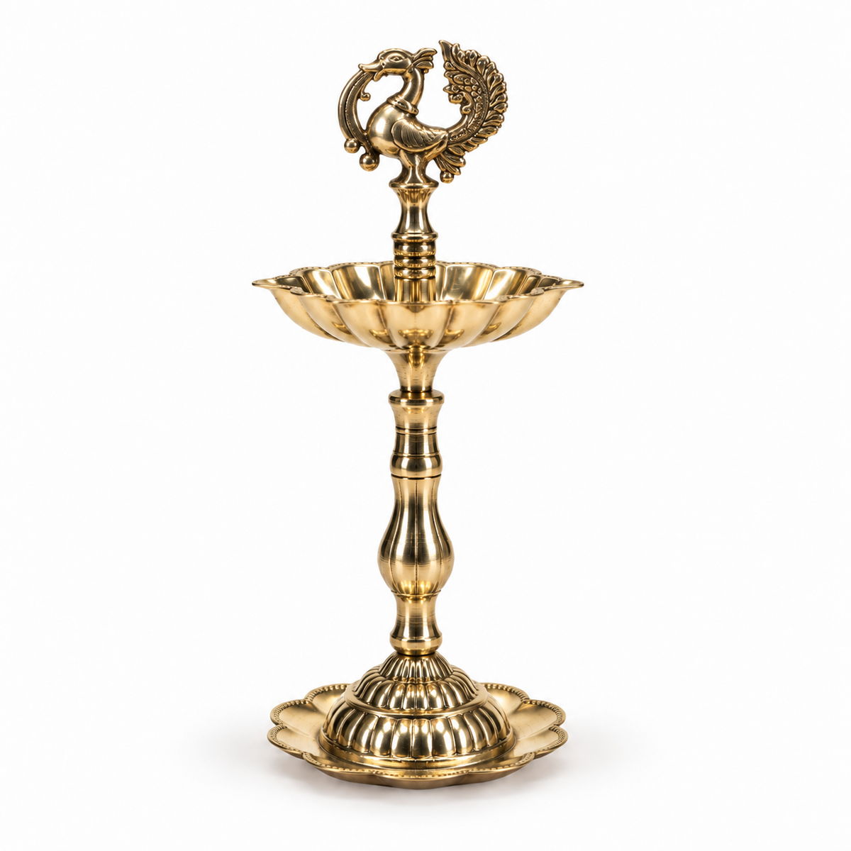7 Inch Brass Peacock Lotus Diya On Stand