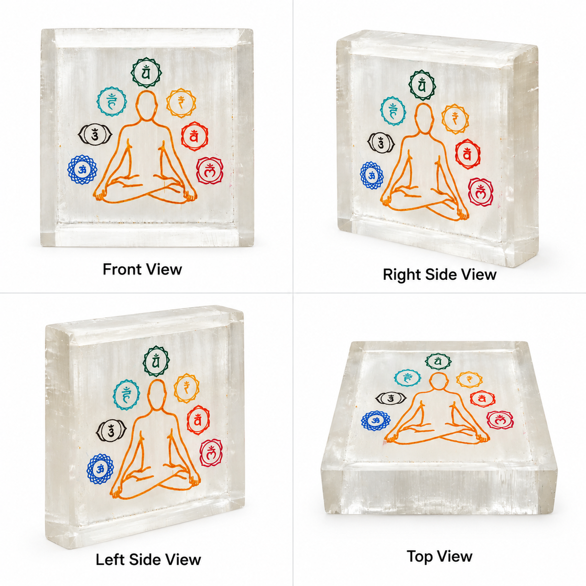 Selenite Square Box – 7 Chakra Symbol with Meditating Figure (Small)