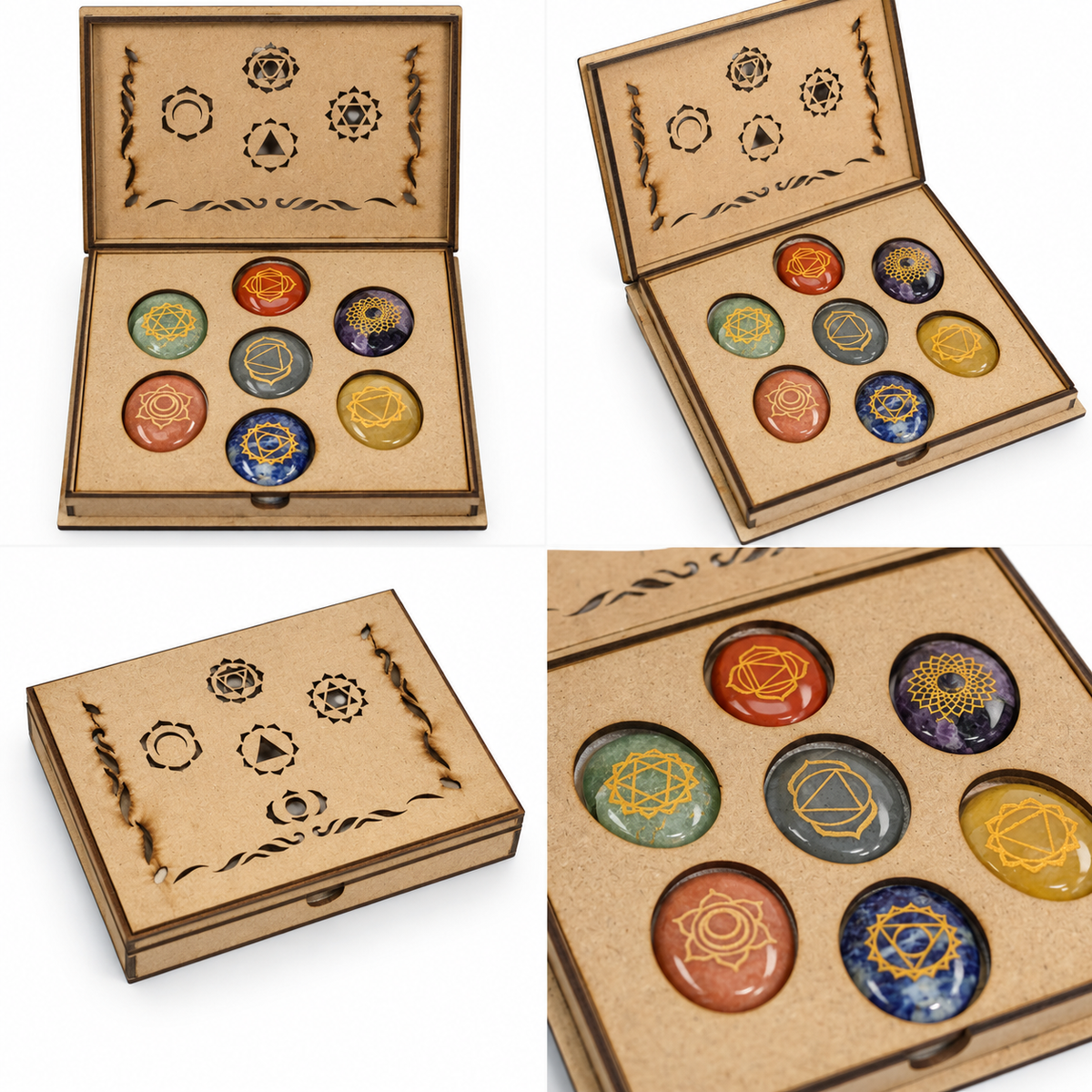 7 Chakra Healing Crystal Set with Engraved Wooden Box (Set of 1 Pc Box – 7 Stones)