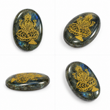 Pyrite Oval Pocket Stone – Maa Lakshmi Seated on Lotus with Shree Yantra Engraving