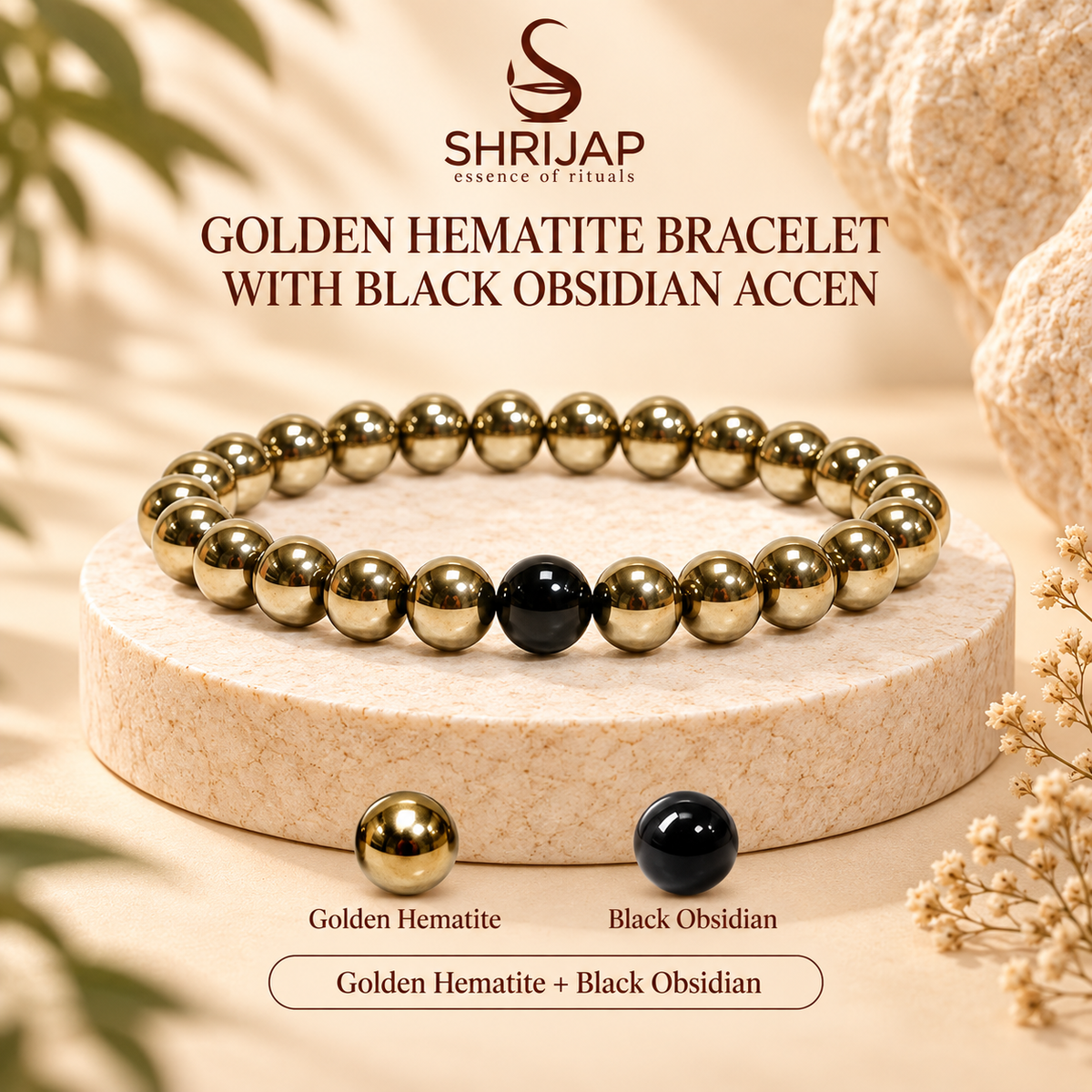 Golden Hematite Bracelet with Black Obsidian Accent – 8 MM
