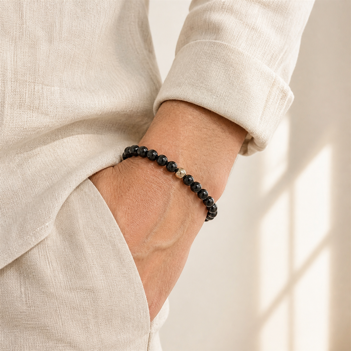 Black Obsidian Bracelet with Golden Hematite Accent – 8 MM