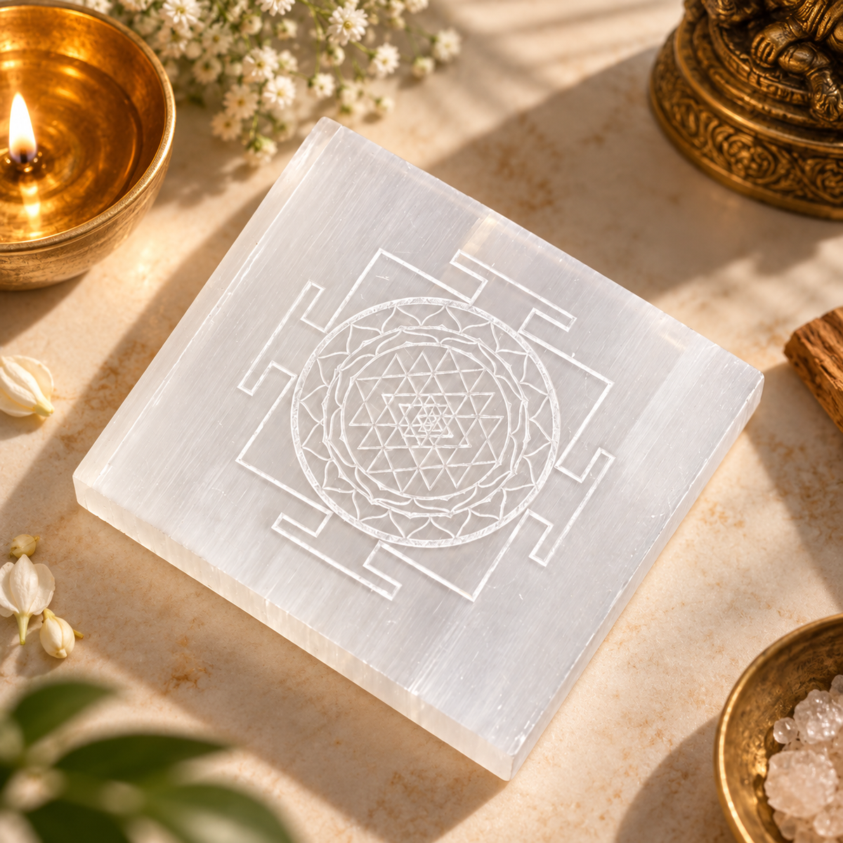 Selenite Square Plate – Shri Yantra Engraved