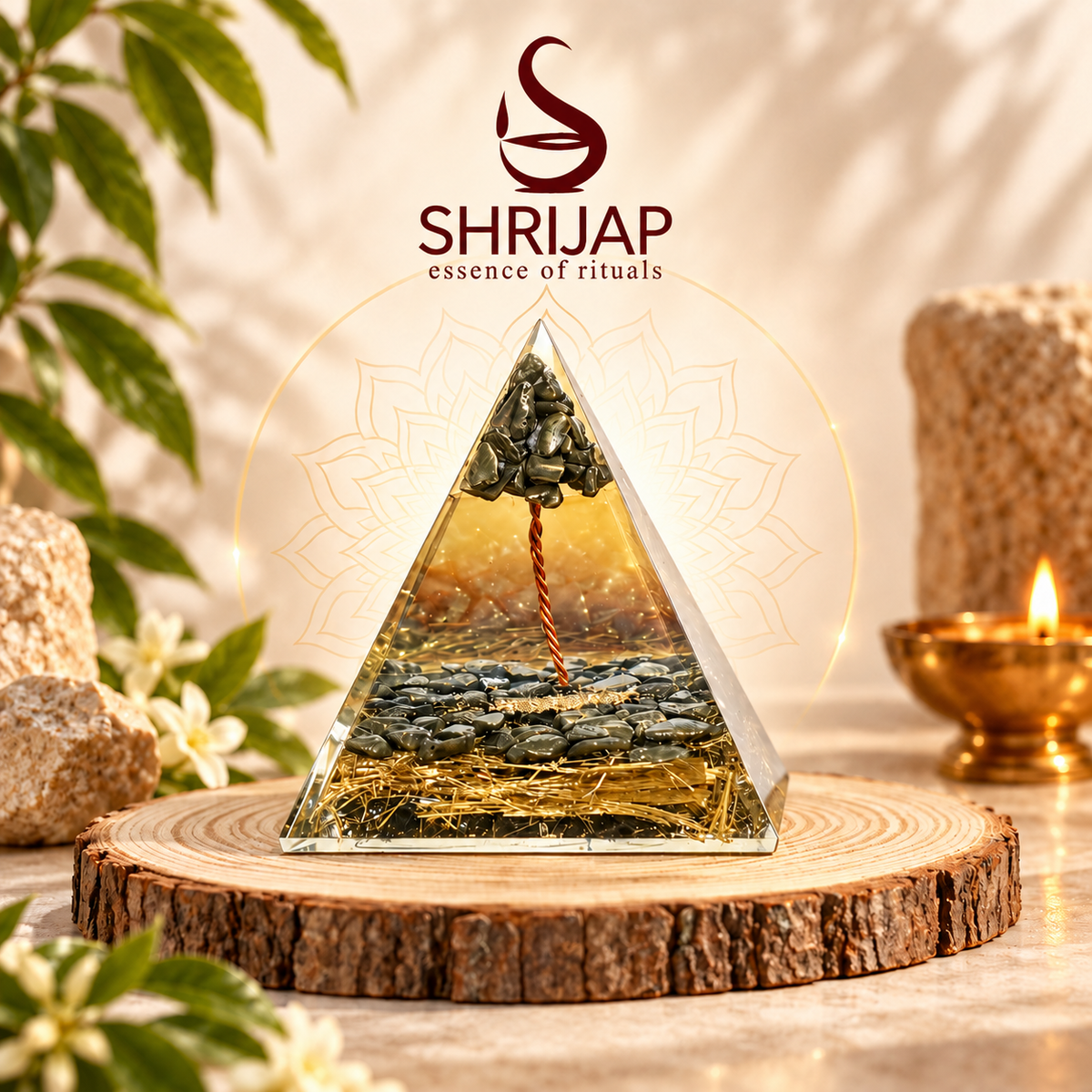 Dhanyog Black Tourmaline Tree of Life Pyramid with Copper Coil