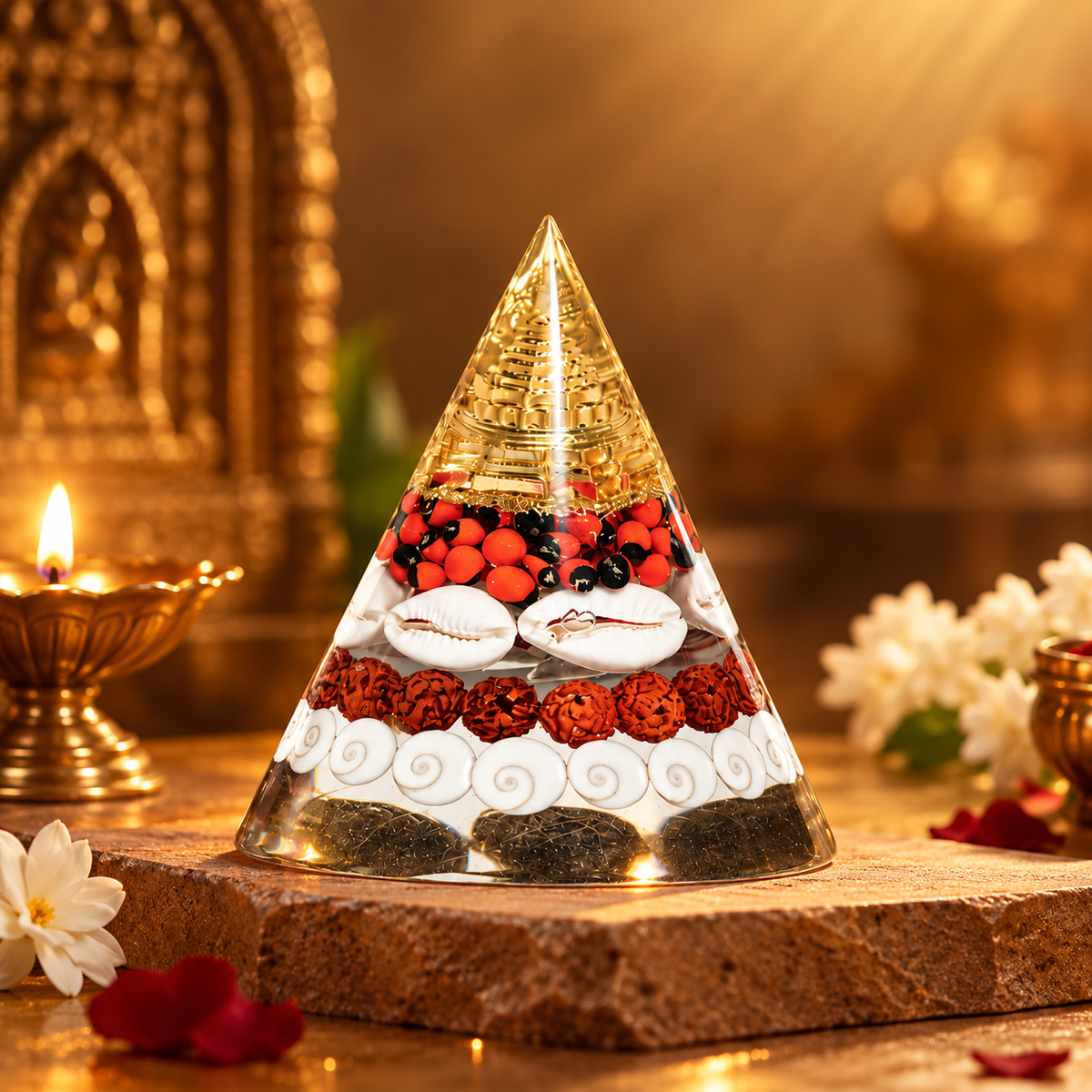 Dhanyog Gold Lakshmi Protection Cone – Gomti Chakra Rudraksha Red Gunja