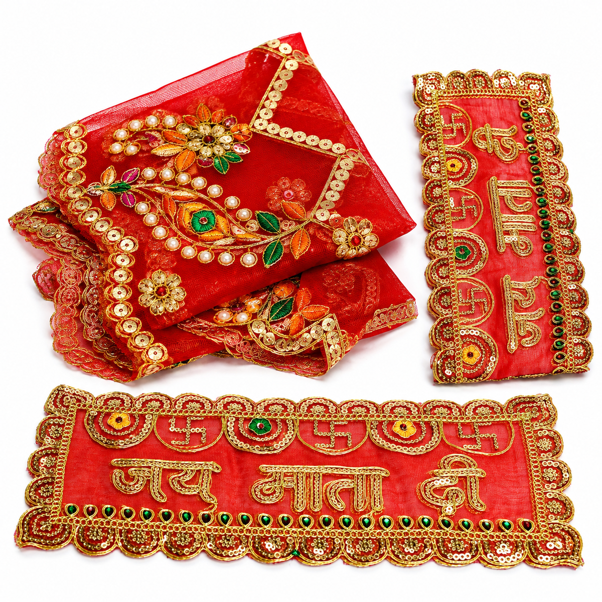 Royal Red Jai Mata Di Jari Embroidered with Swastik Work – 6x15 Inch