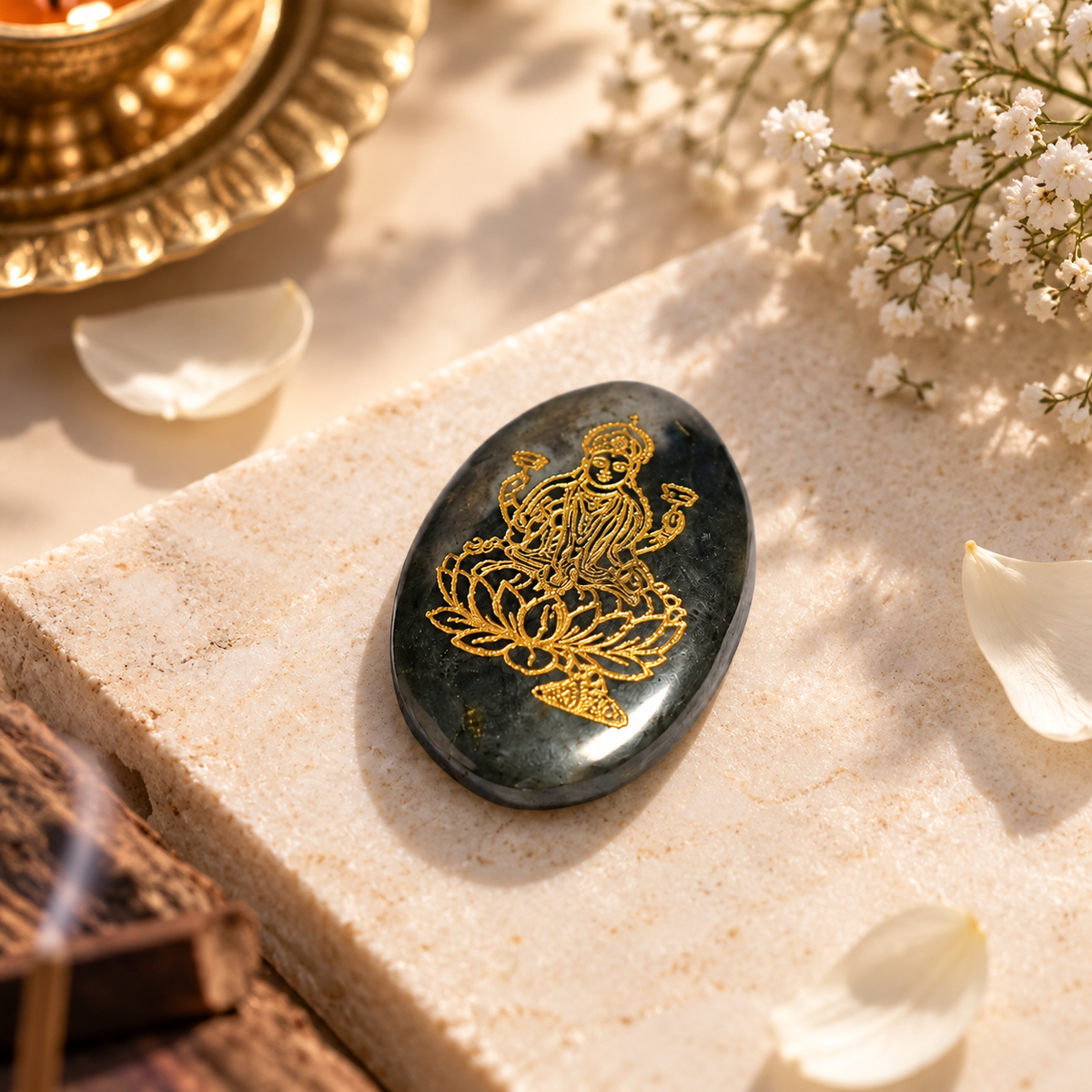 Pyrite Oval Pocket Stone – Maa Lakshmi Seated on Lotus with Shree Yantra Engraving