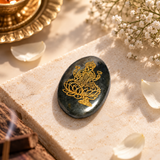 Pyrite Oval Pocket Stone – Maa Lakshmi Seated on Lotus with Shree Yantra Engraving