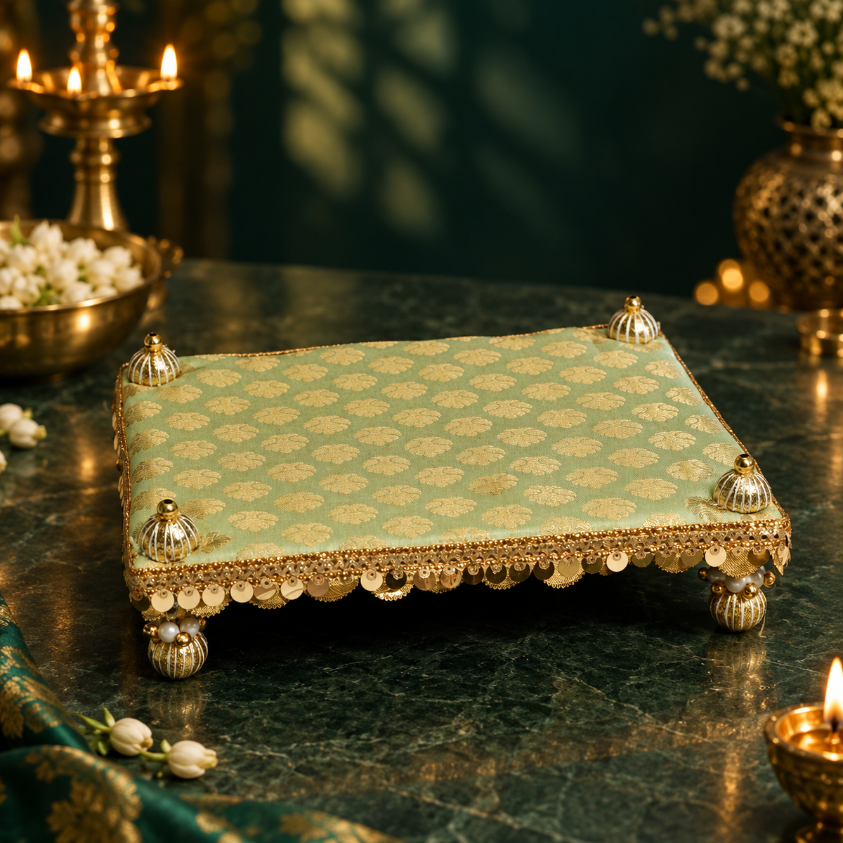 Pista Green with Golden Butti Gota Border Bed – 7x10 Inch