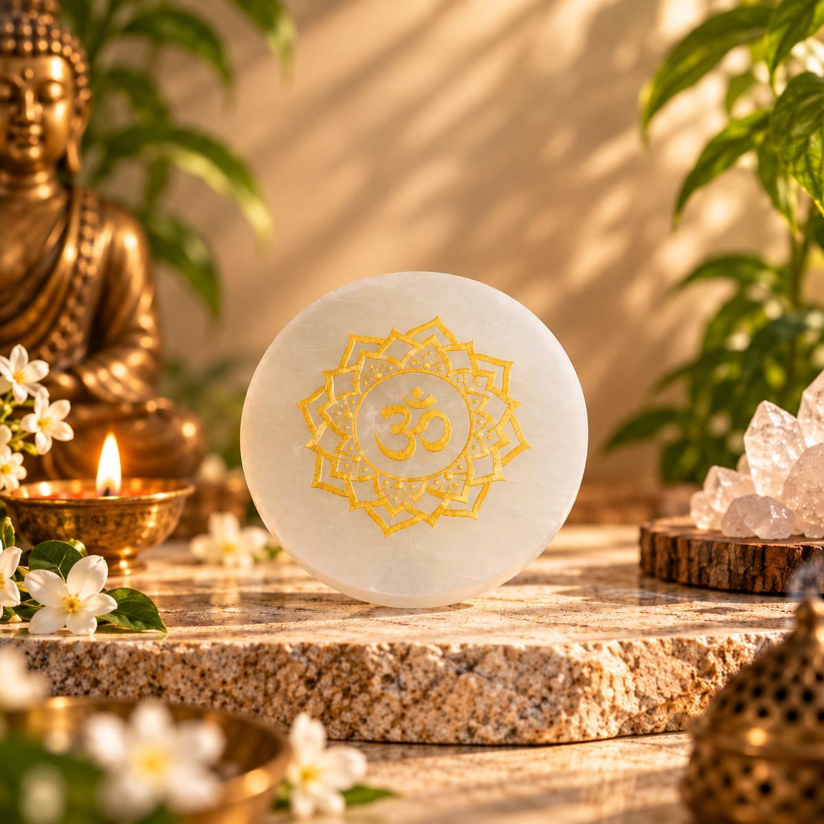 Selenite Round Plate – Golden Om Mandala