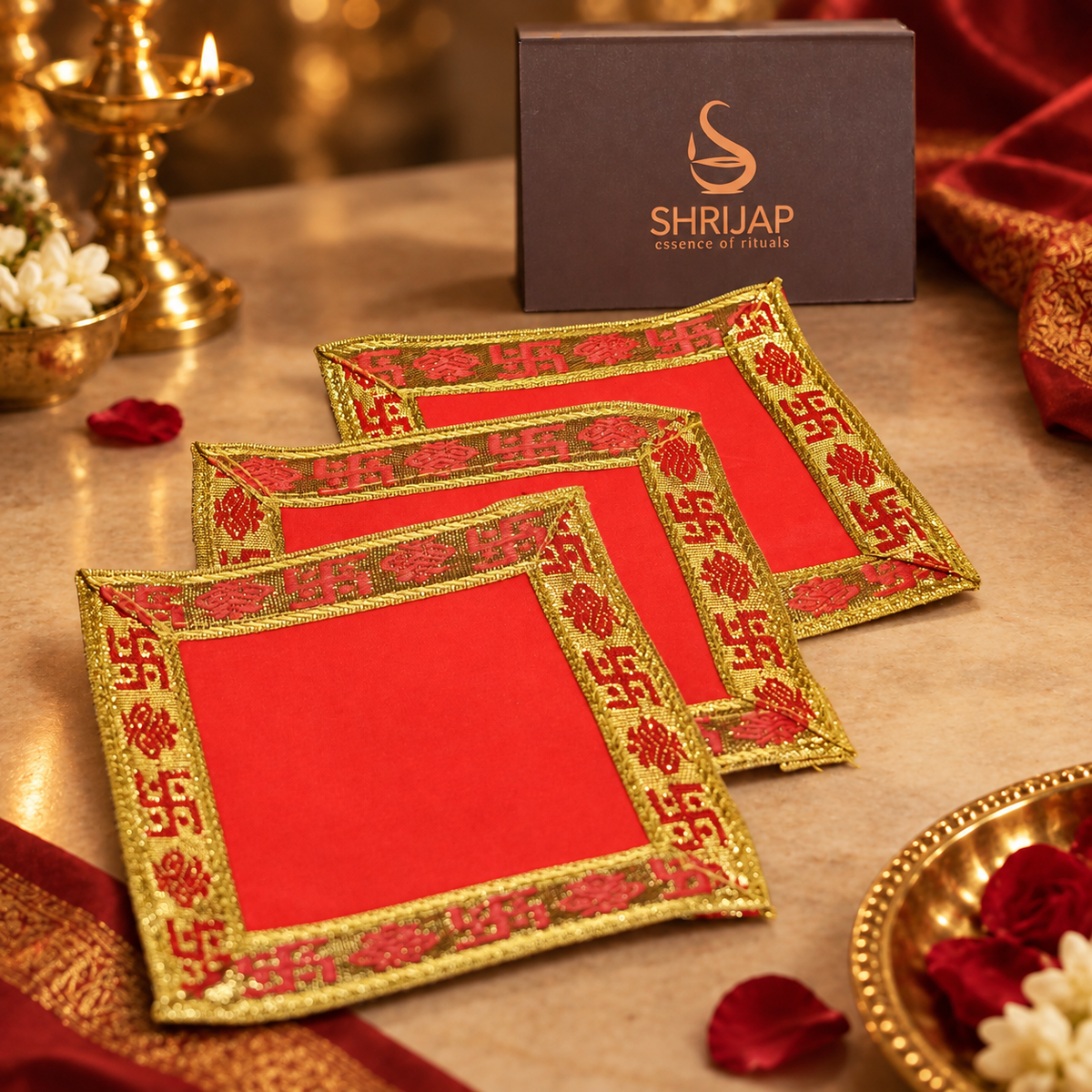 Red Velvet Puja Aasan with Golden Border – 5x5 Inch
