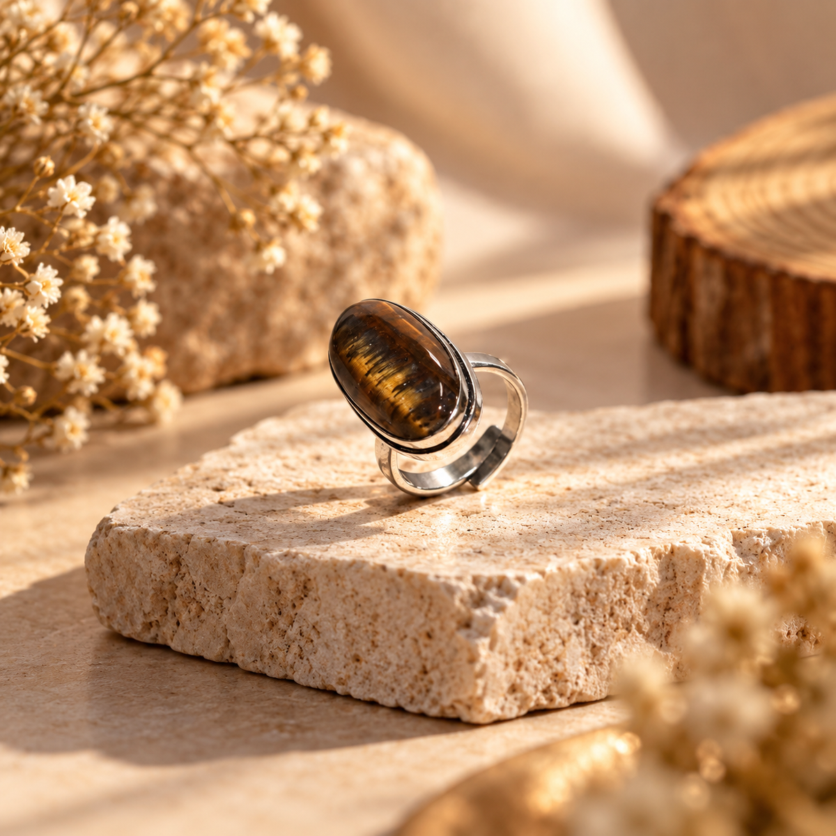 Natural Tiger Eye Stone Ring – Silver Finish