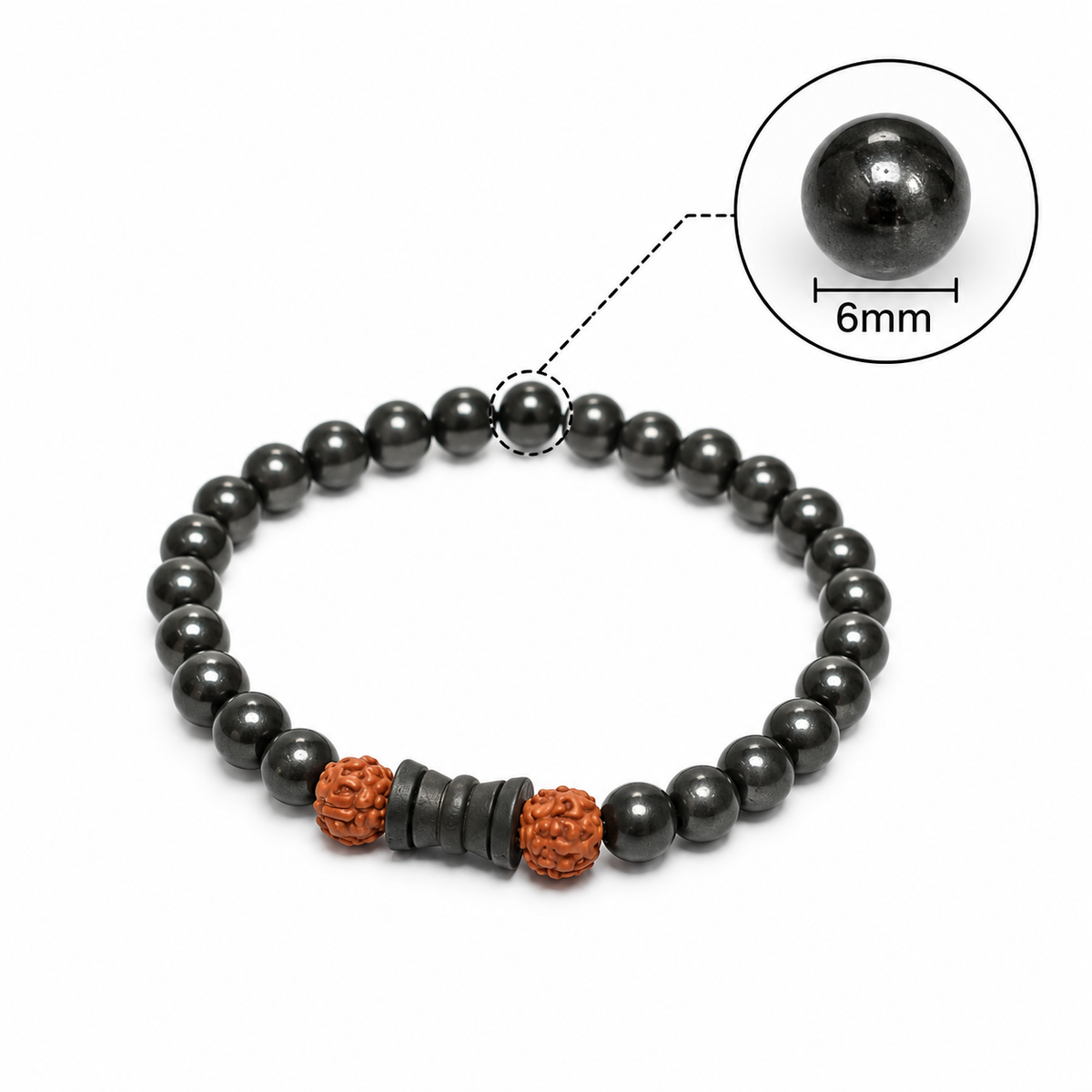 Natural Black Matte Karungali Wood Bracelet with Damru & Rudraksha Bead – 6 MM