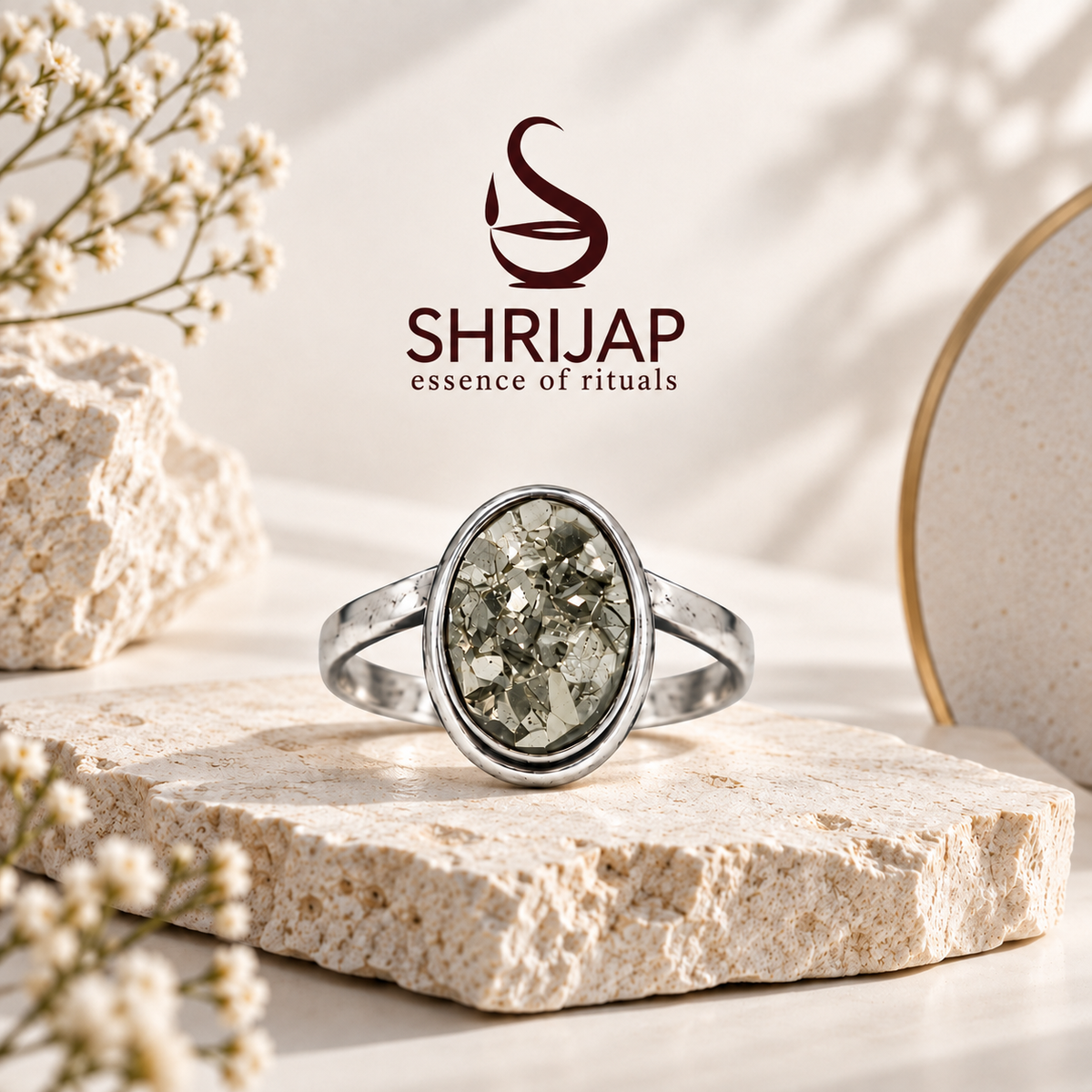 Raw Natural Pyrite Druzy Ring – Silver Finish