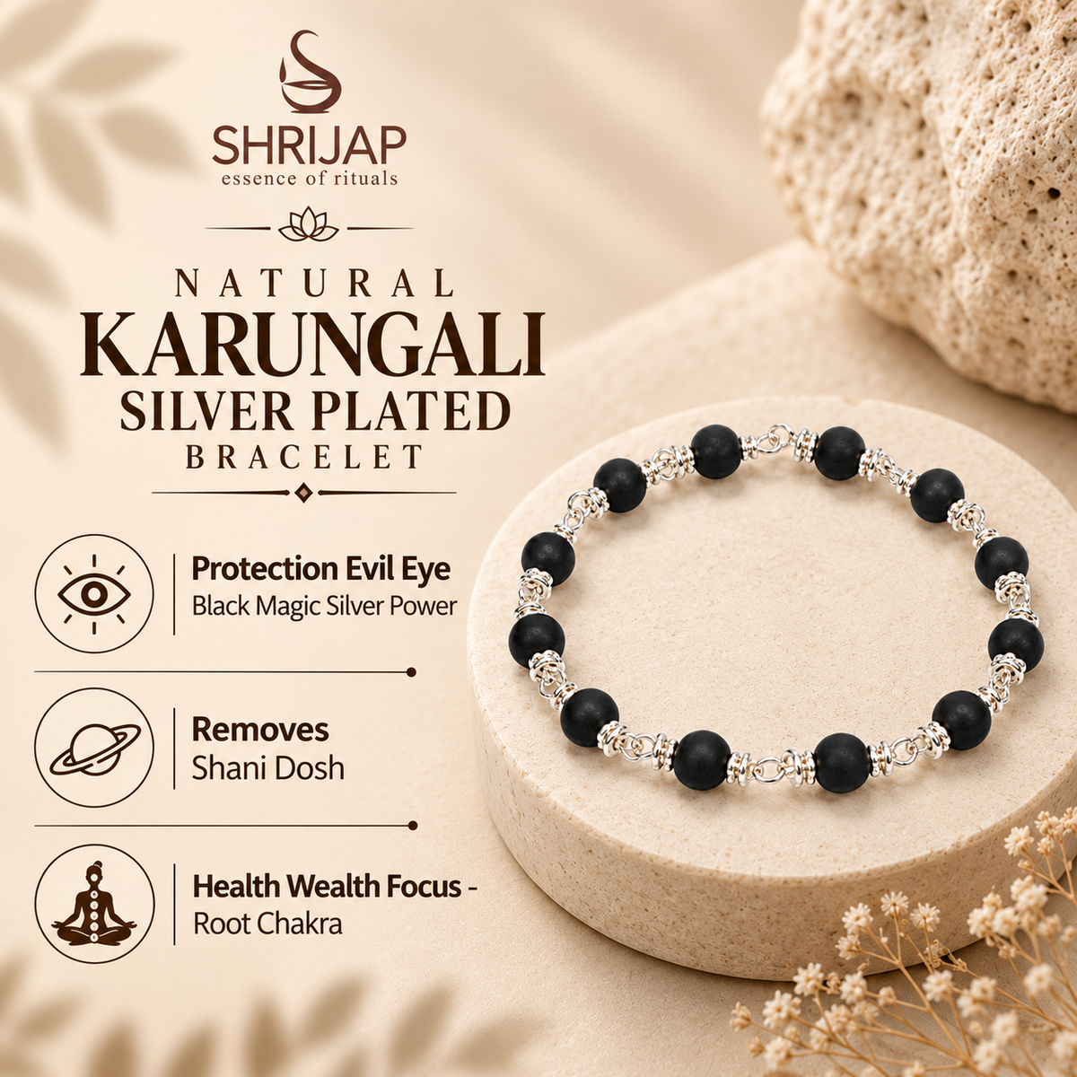 Natural Karungali Silver Plated Bracelet – 6 MM