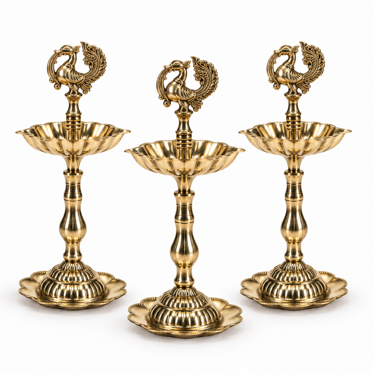 7 Inch Brass Peacock Lotus Diya On Stand