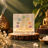 Selenite Square Plate – 7 Chakra Meditating Figure