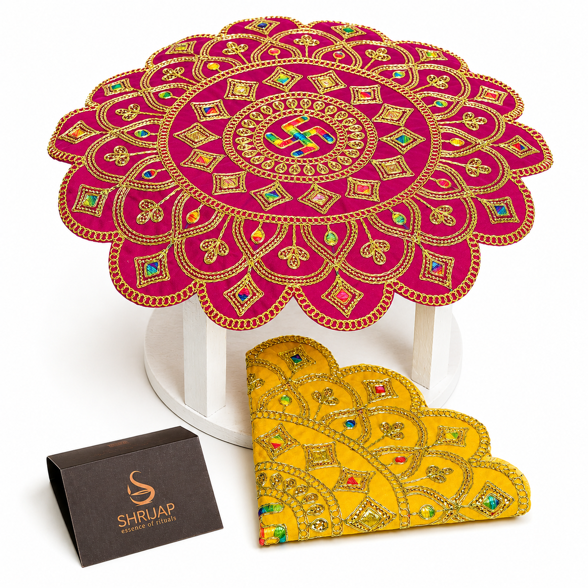 Velvet Swastik Puja Aasan with Jari Work – 16x16 Inch