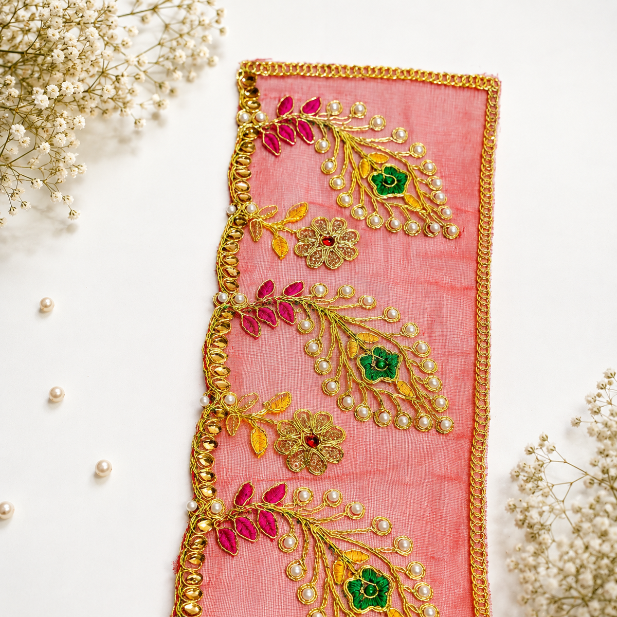 Royal Red Heavy Jari Embroidered Chunri with Pearl Work – 6 x15 Inch