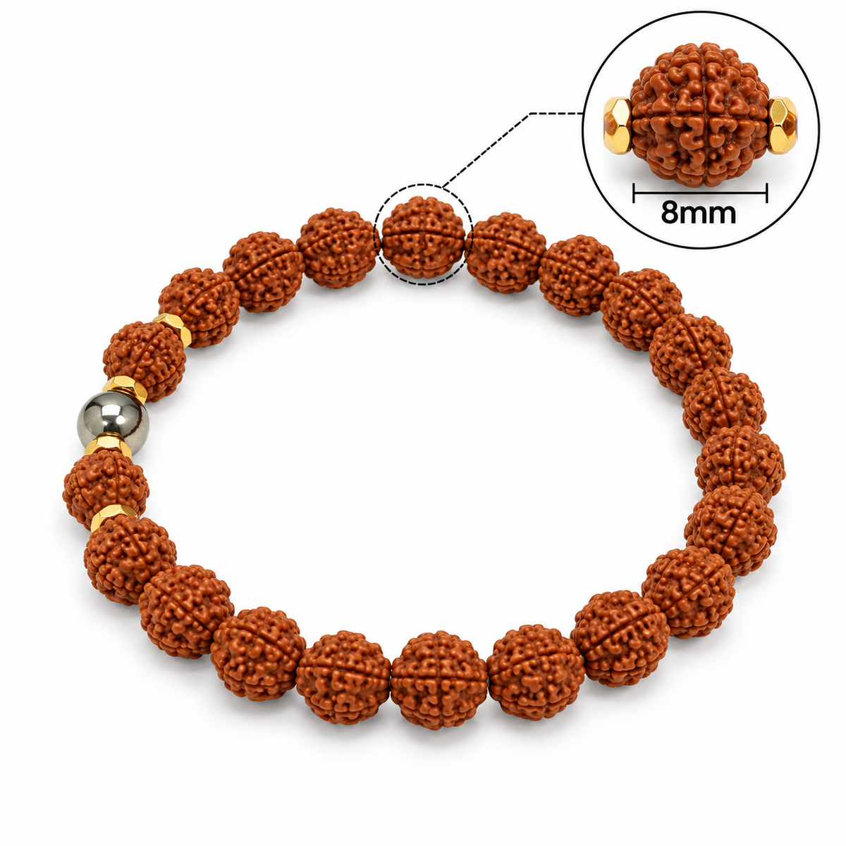 Natural 5 Mukhi Rudraksha Pyrite Guru Bead Bracelet – 8 MM