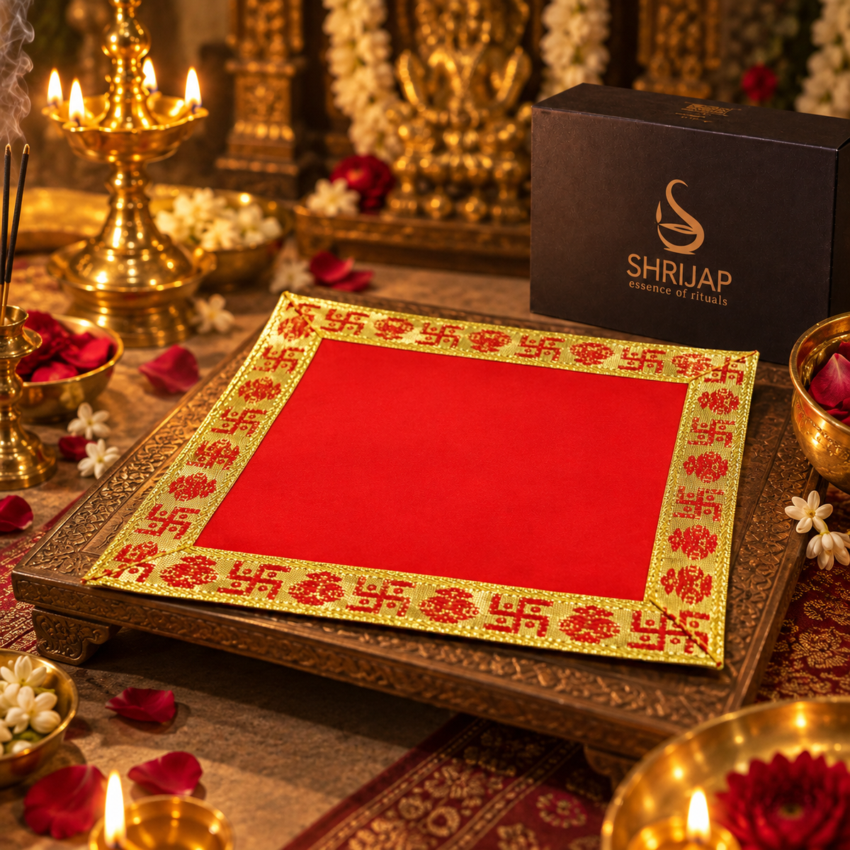 Red Velvet Puja Aasan with Golden Border – 10x10 Inch