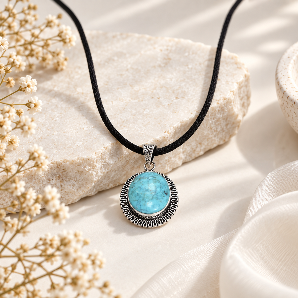 Natural Turquoise Stone Pendant – Silver Plated Vintage Finish