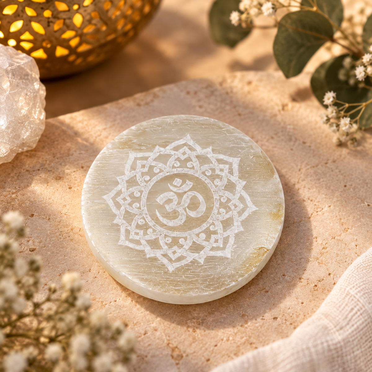 Selenite Round Plate – White Engraved Om Mandala