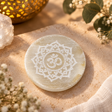 Selenite Round Plate – White Engraved Om Mandala