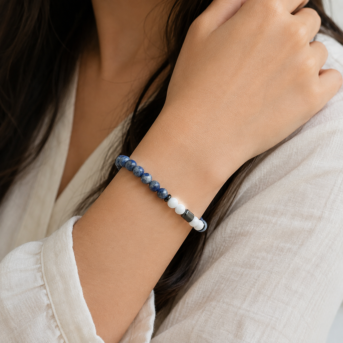 Natural Lapis Lazuli White Stone Harmony with Hematite Bracelet