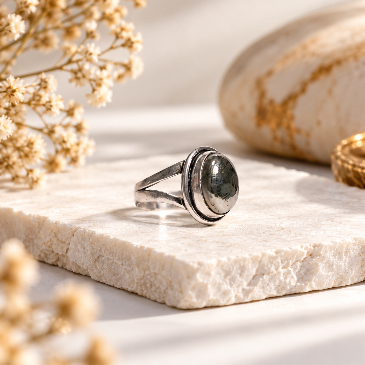 Natural Pyrite Stone Ring – Silver Finish