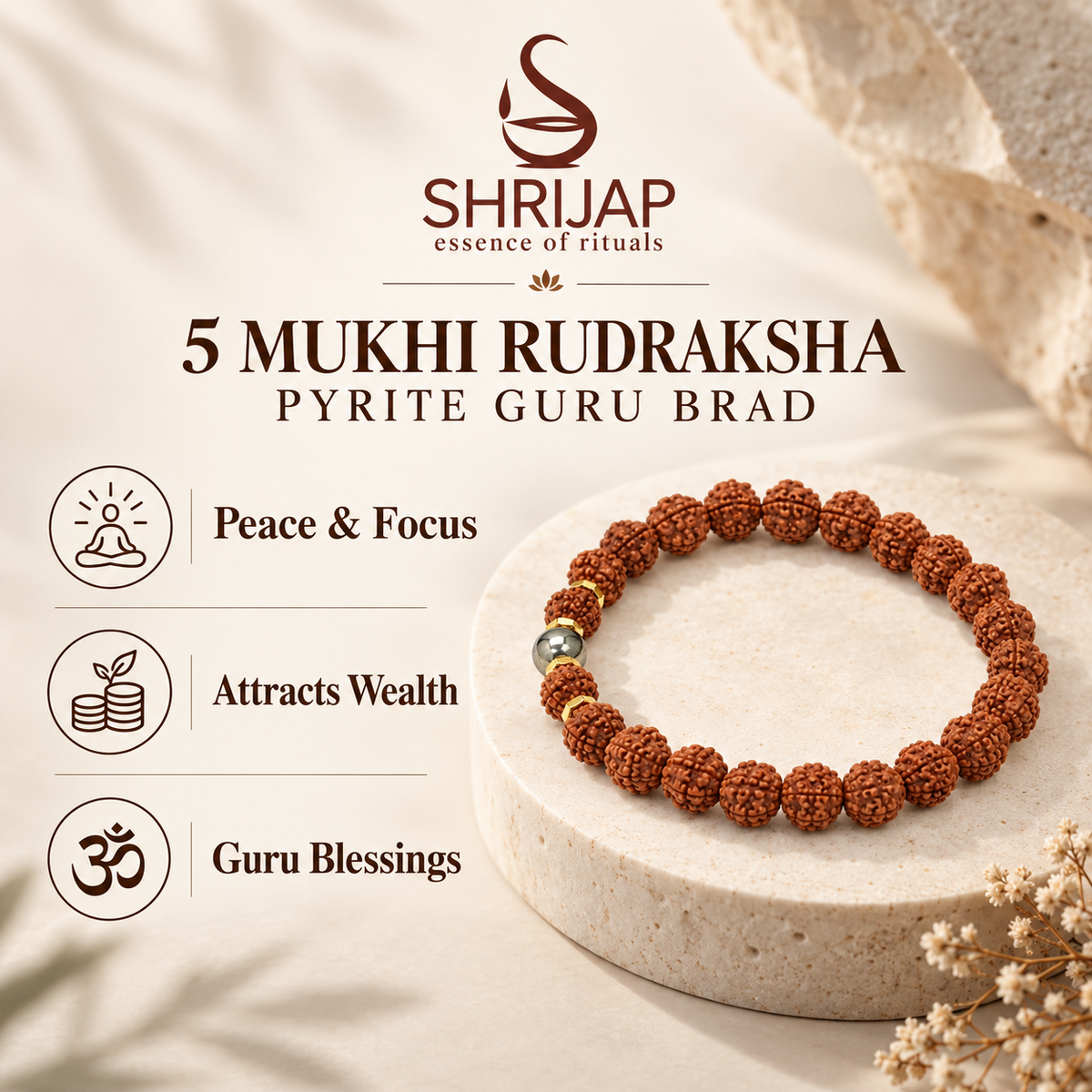 Natural 5 Mukhi Rudraksha Pyrite Guru Bead Bracelet – 8 MM