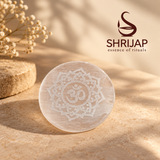 Selenite Round Plate – White Engraved Om Mandala
