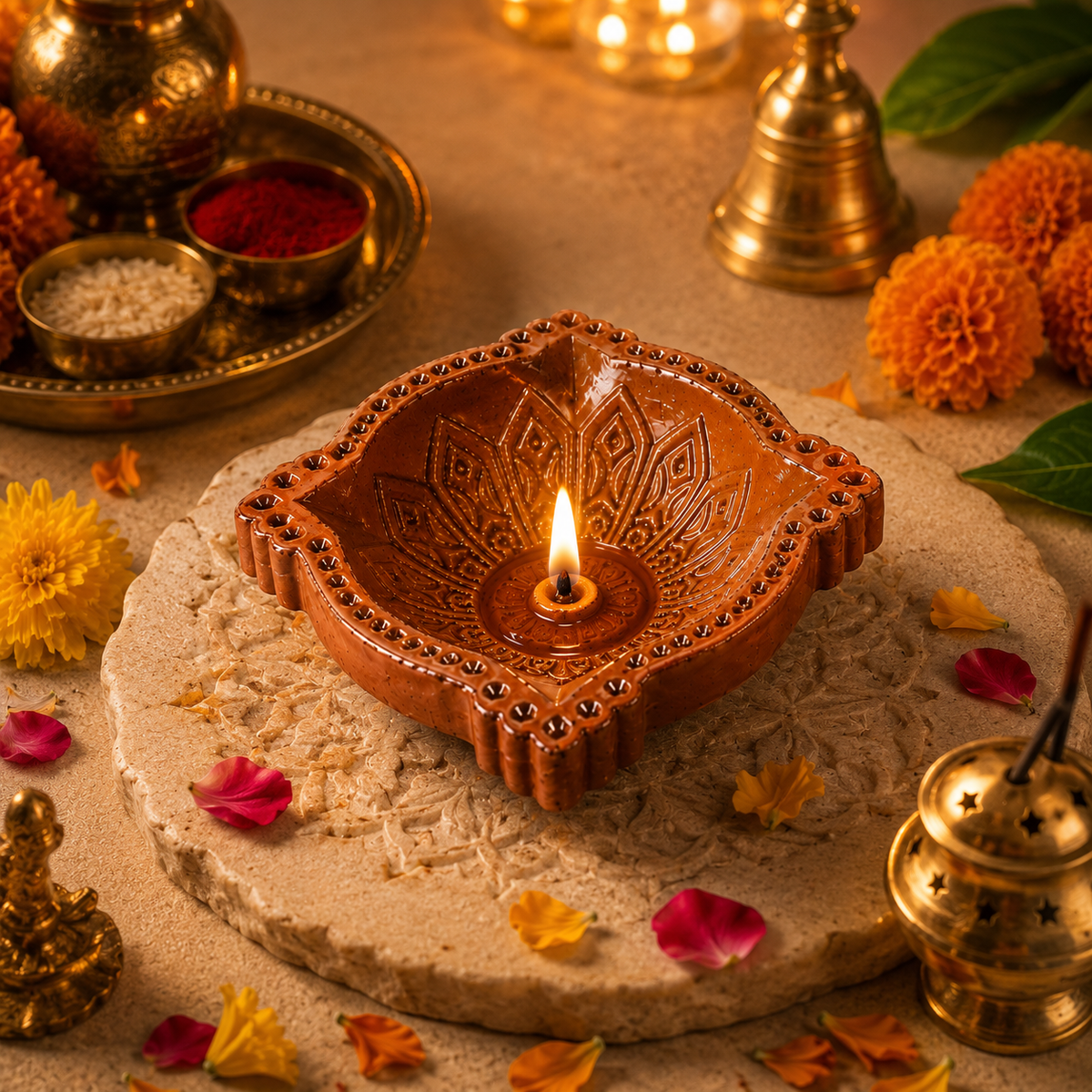 Mandala Square Terracotta Diya – Classic