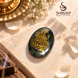 Pyrite Oval Pocket Stone – Maa Lakshmi Seated on Lotus with Shree Yantra Engraving