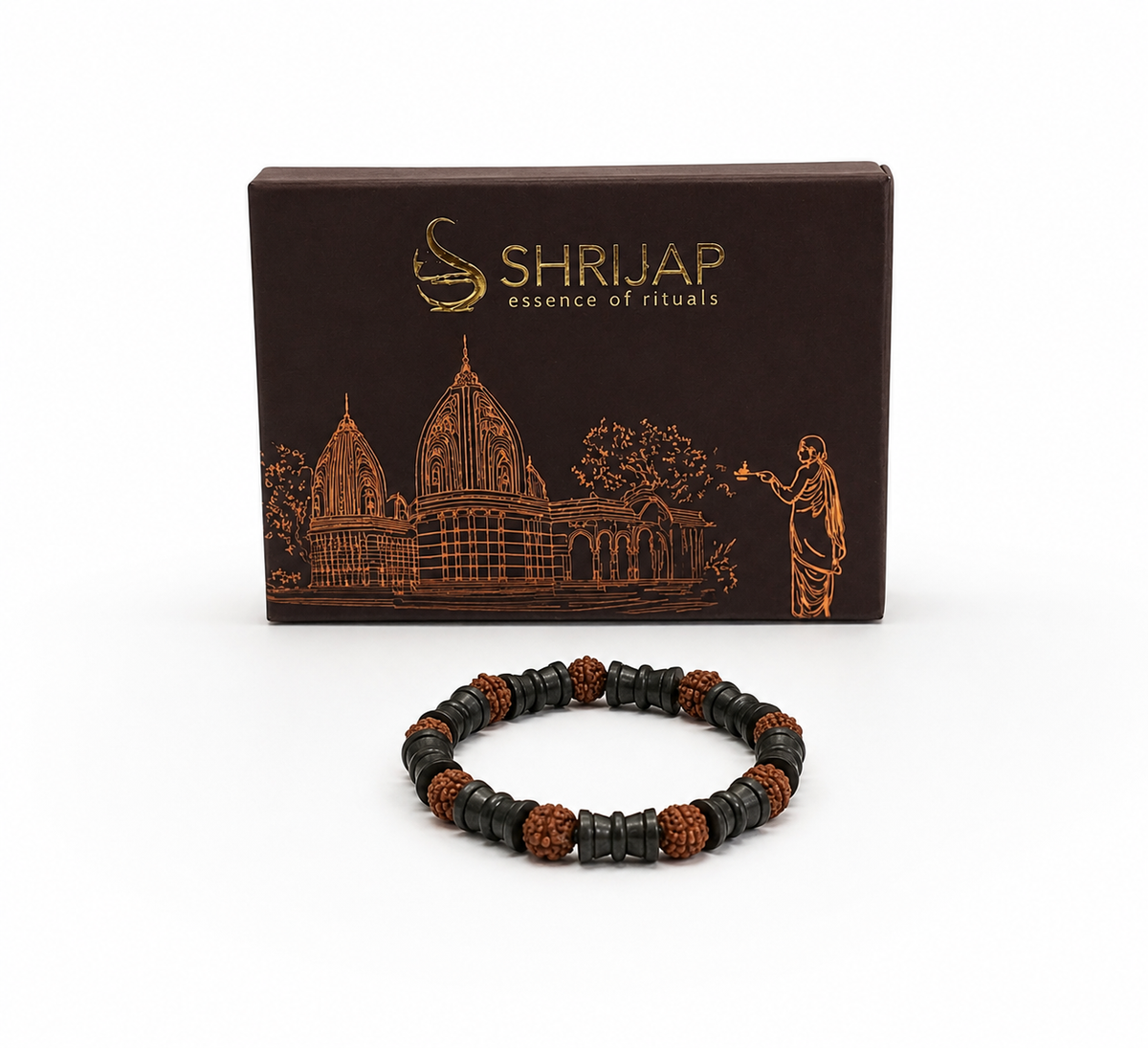 Natural Rudraksha with Black Damru Spacer Beads Bracelet – 8 MM