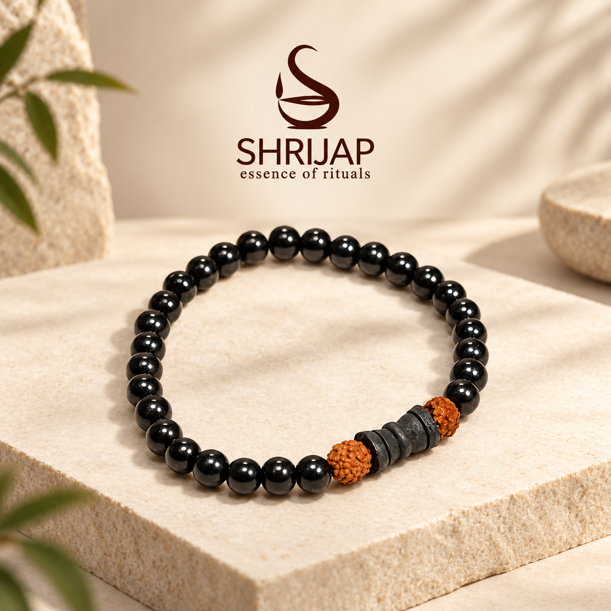 Natural Black Matte Karungali Wood Bracelet with Damru & Rudraksha Bead – 8 MM