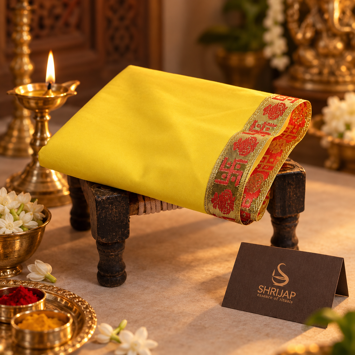 Yellow Velvet Puja Aasan with Golden Border – 20x30 Inch