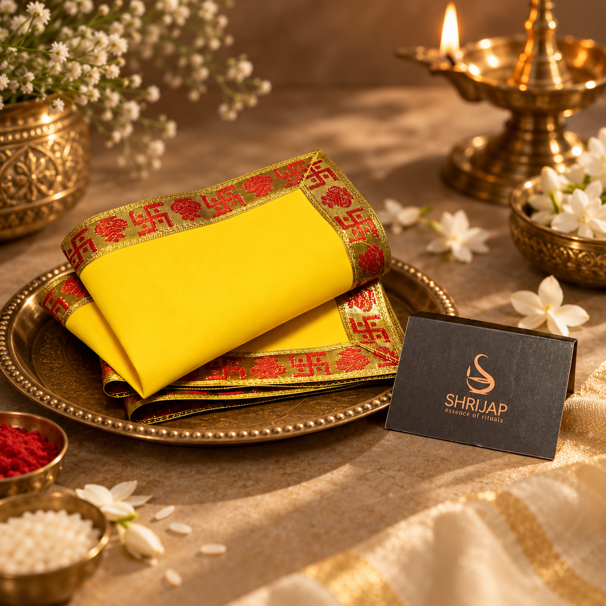 Yellow Velvet Puja Aasan with Golden Border – 10x15 Inch
