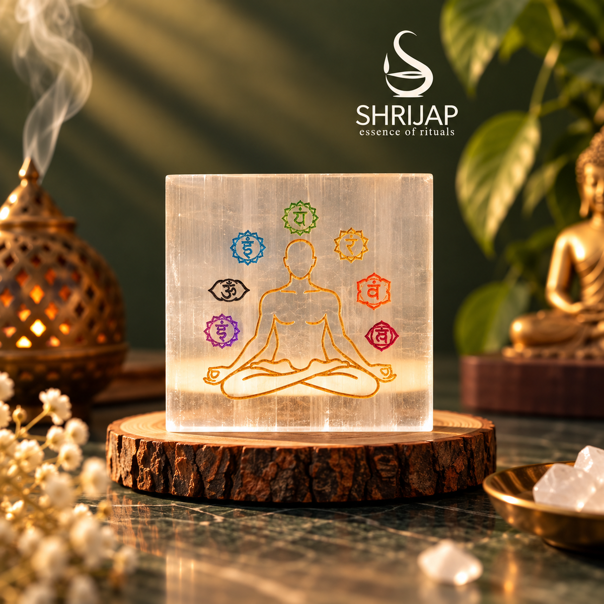 Selenite Square Plate – 7 Chakra Meditating Figure