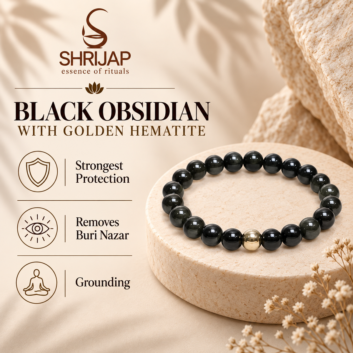 Black Obsidian Bracelet with Golden Hematite Accent – 8 MM